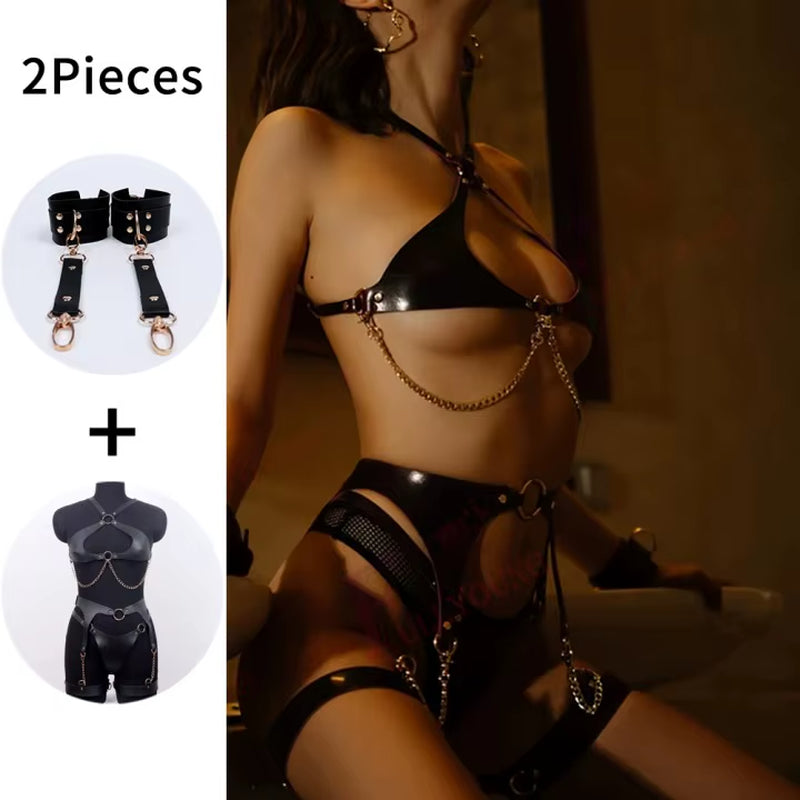 UYEE Full Body Harness Bra Sexy PU Leather Lingerie Bondage Suspender for Women Gothic Clothes Fetish Wear Garter Stocking Belt